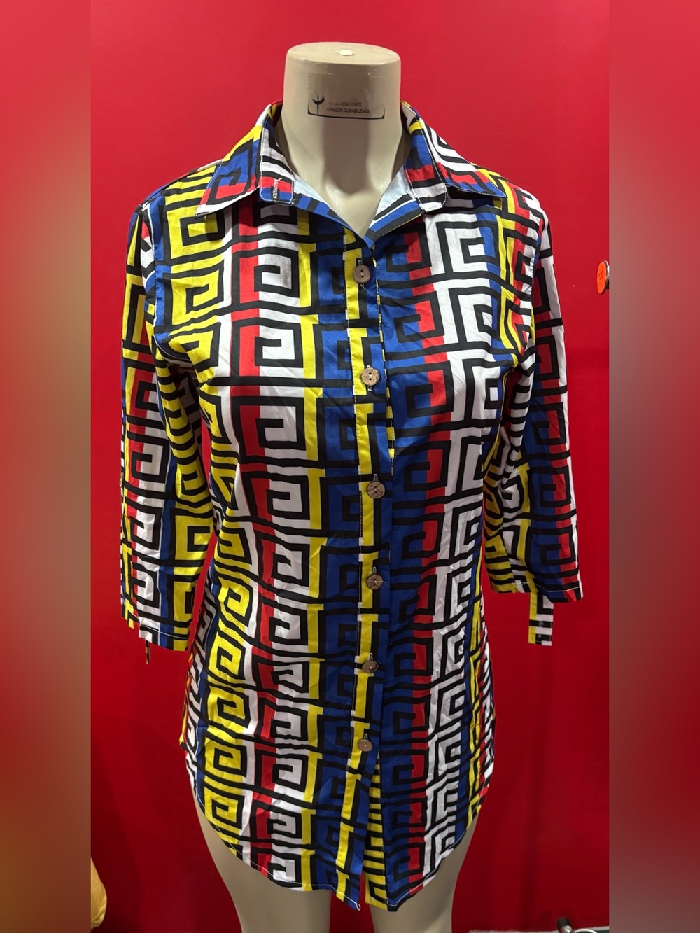 SHEIN Multicolor Geometric Button-Down Shirt (Blue, Red, Yellow, White, Black)